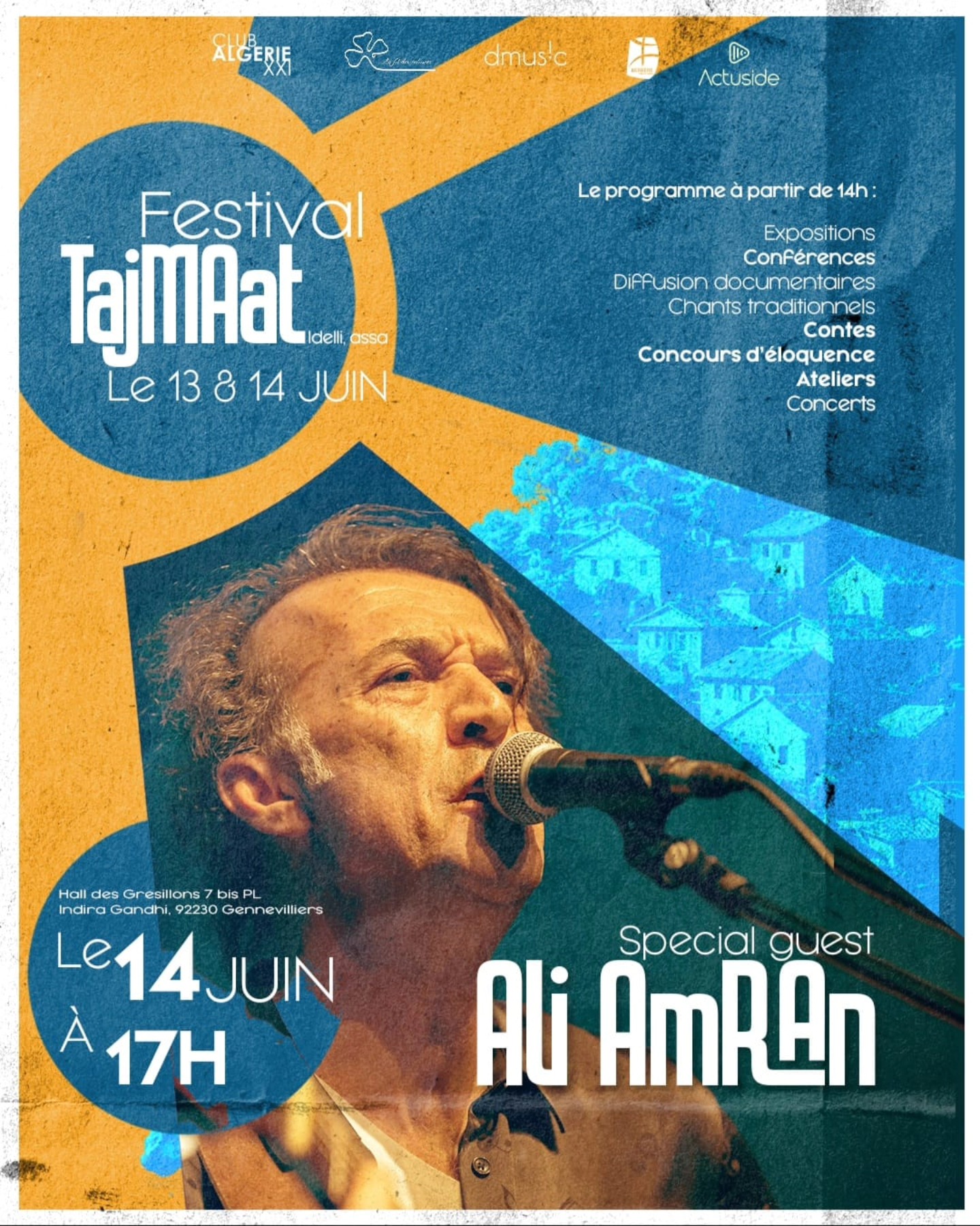 Affiche du Festival Tajmaat à la Halle des Grésillons de Gennevilliers — concert d'Ali Amran (special guest) le 14 juin 2026